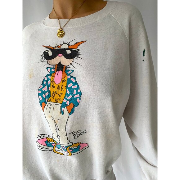 80s vintage COOL CAT graphic thrashed distressed faded cotton pullover sweater - Picture 8 of 10